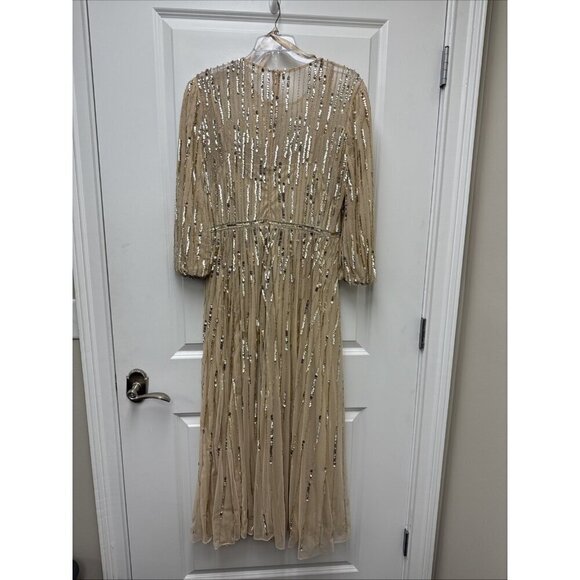 Mac Duggal Size 12 Beige 93889 Beaded Sequin High Neck Midi Cocktail Dress New - Picture 7 of 10